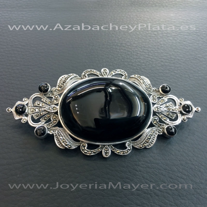 Broche de azabache, plata y marcasitas