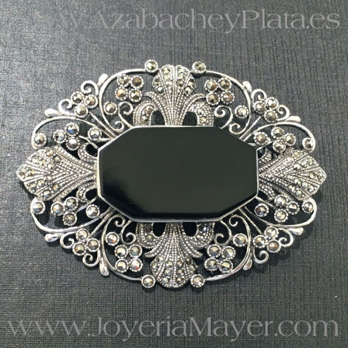 Broche de azabache, plata y marcasitas