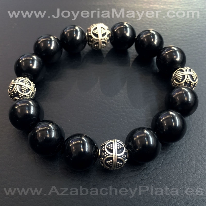 Pulsera de bolas de azabache y plata