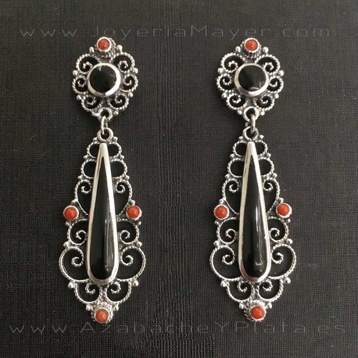 Silver, jet and coral earrings