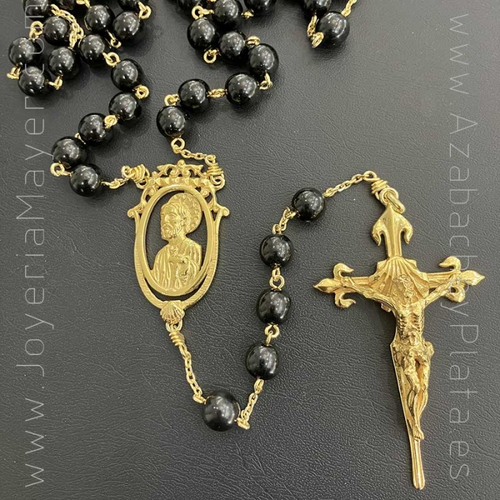 Rosario de plata dorada y azabache 