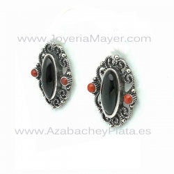 Silver earrings, jet and coral