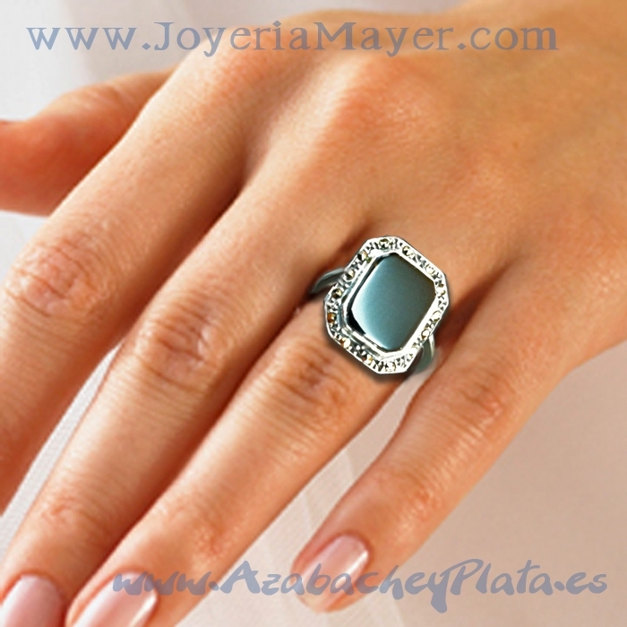 Silver and jet ring with marcasites